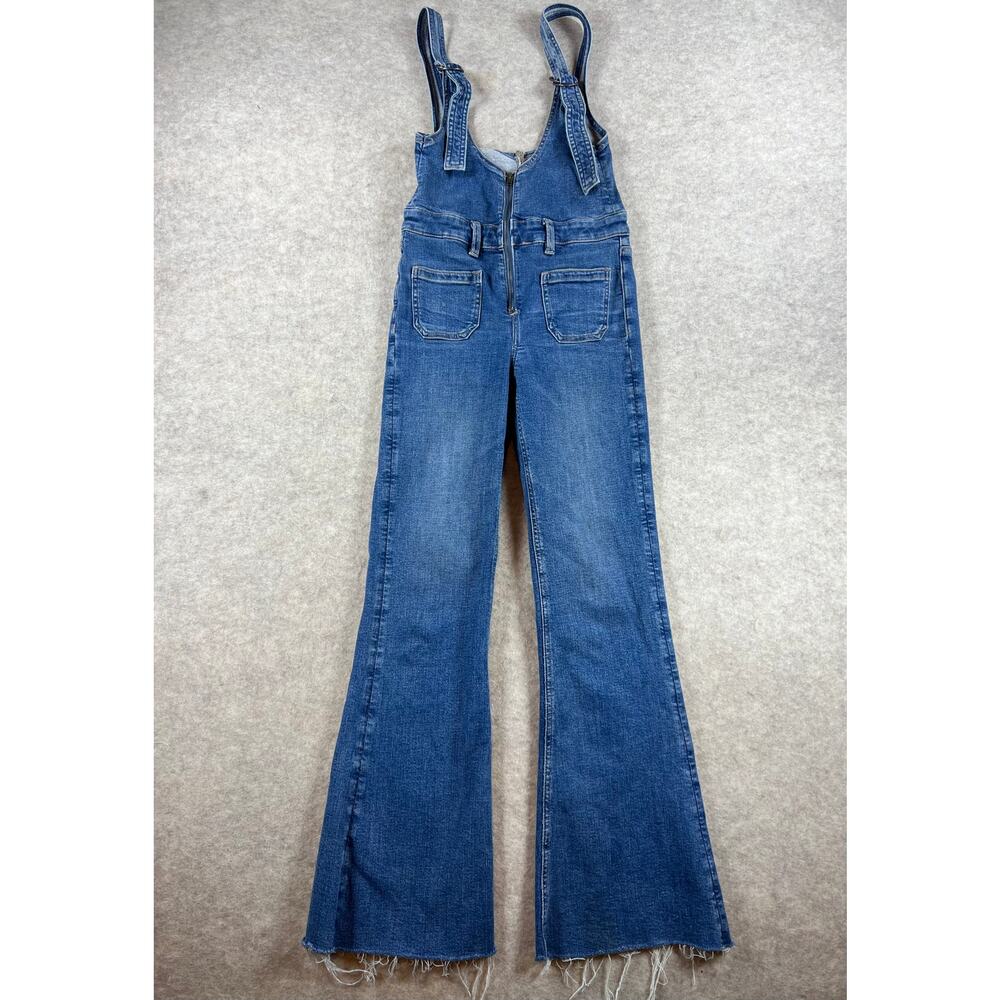 American Eagle Stretch Flare Overalls Raw Hem Adjustable Straps Size 2 Regular - Picture 4 of 14